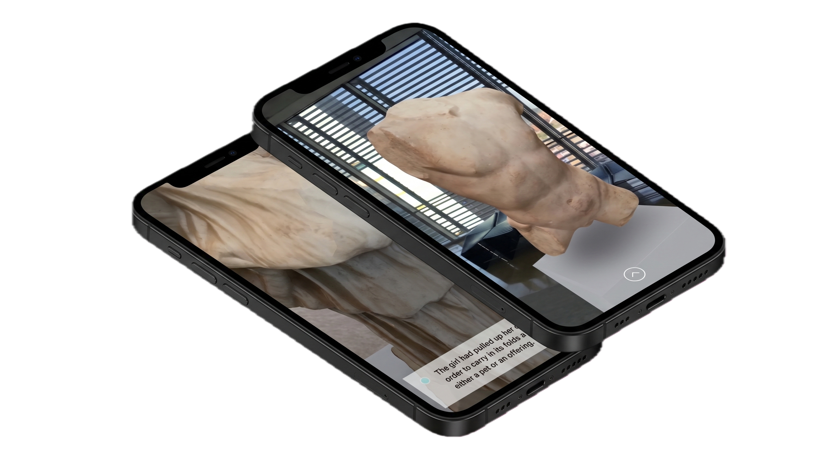 Two phones showing the AR prototype: a classical marble sculpture rendered at 1:1 scale in a reader's physical space, with article text overlaid