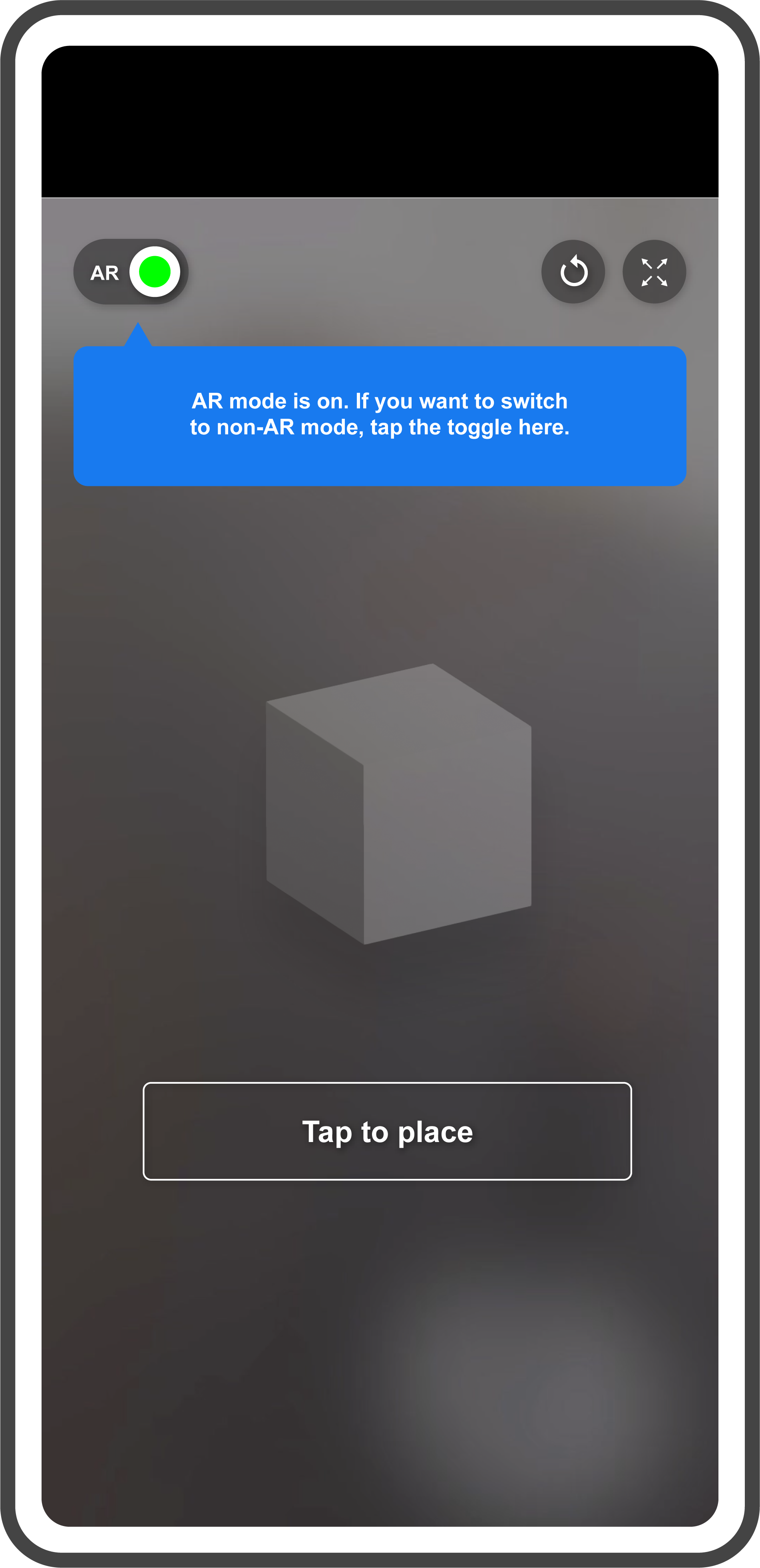 AR product design mockup: early UI with AR mode toggle and scale controls