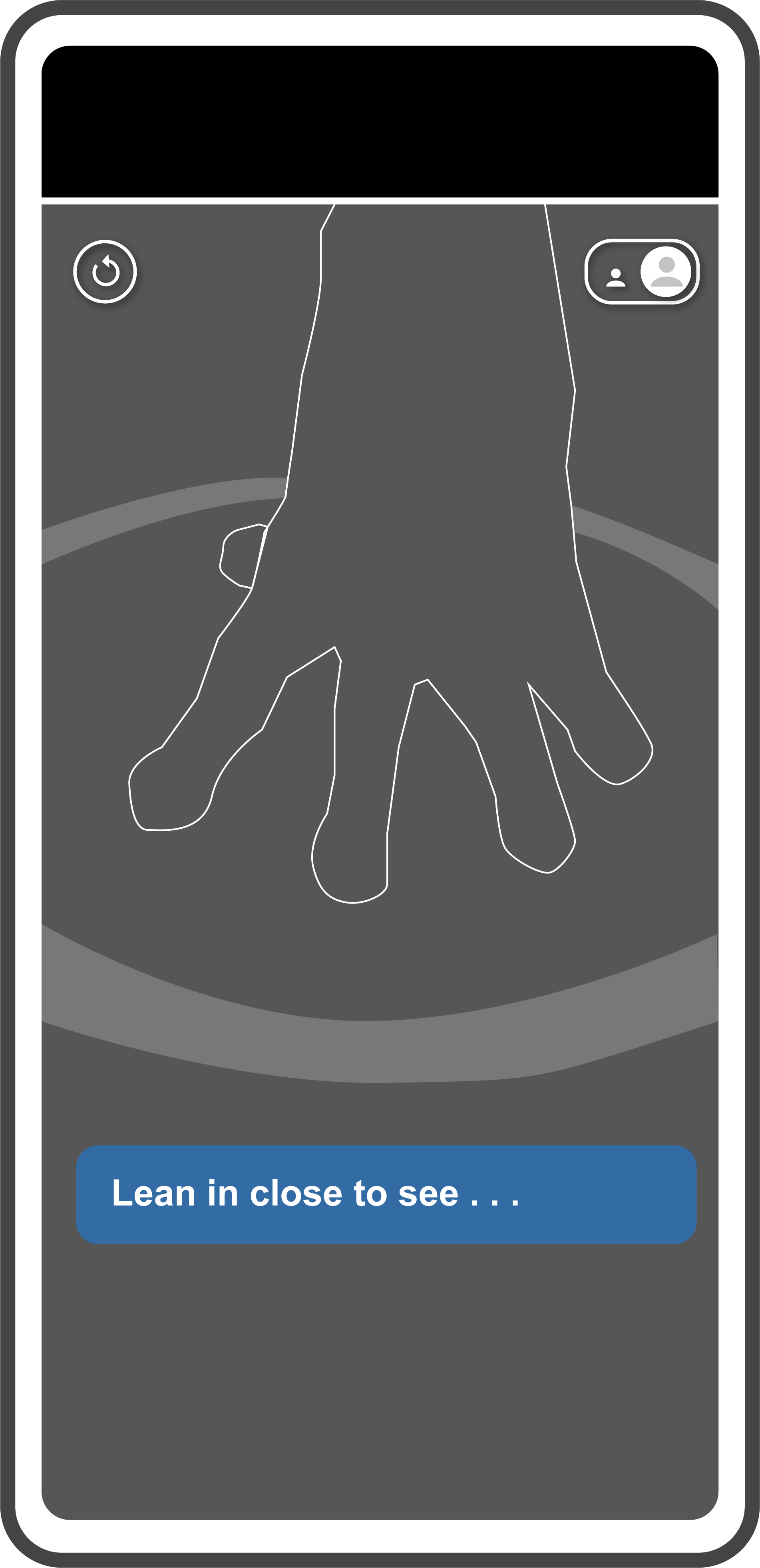 AR product design mockup: zoned interaction view with a life-sized hand and 'Lean in close to see' prompt